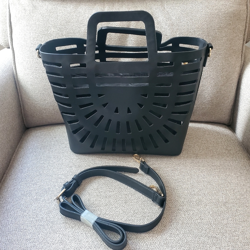 a new day Vegan Leather Black Basket Tote Handbag Crossbody